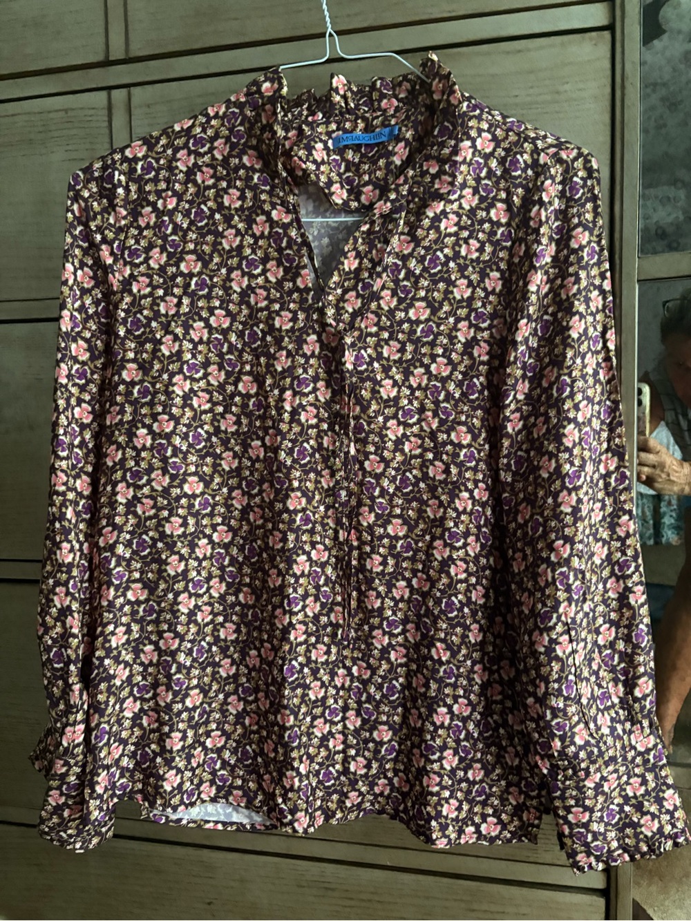 J. McLaughlin Floral Button-Down Shirt in Brown with Pink & Purple Flowers